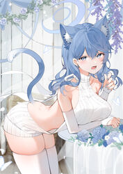  :o absurdres ako_(blue_archive) alternate_costume animal_ears aran_sweater armpit_crease blue_archive blue_eyes blue_hair blue_halo blush breasts bridal_gauntlets cable_knit cat_ears cat_tail commentary earrings elbow_gloves female fingernails gloves halo highres jewelry kemonomimi_mode large_breasts leaning_forward looking_at_viewer meme_attire nail_polish sideless_outfit skindentation solo sweater tail thighhighs virgin_killer_sweater white_gloves white_sweater white_thighhighs yukineko1018 