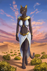  anthro barefoot bast black_body black_fur clothing deity desert detailed_background dress ear_piercing ear_ring egyptian egyptian_mythology feet felid feline female fur gold_(metal) gold_jewelry gold_necklace hi_res jewelry mammal middle_eastern_mythology mythology navel necklace piercing ring_piercing sky smile solo standing sunset varisart white_clothing yellow_eyes 