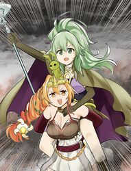  2girls absurdres arm_up bare_shoulders belt breasts brown_eyes cape carrying cleavage duel_monster elbow_gloves gloves green_eyes green_hair hair_ornament highres holding holding_staff jewelry large_breasts long_hair multiple_girls necklace open_mouth orange_hair piggyback pleated_skirt ponytail ritual_beast_tamer_lara sawan_cutman skirt spiritual_beast_tamer_lara spiritual_beast_tamer_winda staff thigh_strap tiara winda_(yu-gi-oh!) yu-gi-oh! 