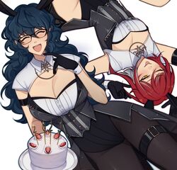  2girls :p absurdres animal_ears aoba_tsumugi black_gloves black_leotard blue_hair breasts cake cleavage closed_eyes ensemble_stars! fake_animal_ears food genderswap_(mtf) glasses gloves grey_vest highres leotard long_hair lummy_yummy multicolored_hair multiple_girls one_eye_closed open_mouth pantyhose rabbit_ears red_hair rule_63 sakasaki_natsume shirt smile tongue tongue_out vest wavy_hair white_hair white_shirt yellow_eyes 