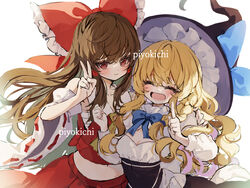  2girls adapted_costume artist_name ascot black_dress black_headwear blonde_hair blue_bow blue_ribbon blush bow breasts brown_eyes brown_hair cleavage cleavage_cutout closed_eyes closed_mouth clothing_cutout collarbone crop_top dress hair_between_eyes hairbow hakurei_reimu hat hat_bow index_finger_raised japanese_clothes kirisame_marisa long_hair long_sleeves midriff multiple_girls nontraditional_miko open_mouth piyokichi red_bow red_skirt ribbon simple_background skirt small_breasts smile touhou v white_background witch_hat yellow_ascot 