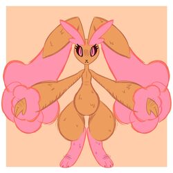  1:1 3_toes absurd_res anthro arm_hair big_arms big_ears body_hair brown_body brown_fur digital_media_(artwork) digitigrade e_doodlesnstuff feet female flat_chested fluffy_ears fur generation_4_pokemon hair hi_res lagomorph leporid lopunny mammal nintendo pink_body pink_fur pokemon pokemon_(species) rabbit red_eyes shiny_pokemon simple_background solo thick_thighs toes wide_hips 