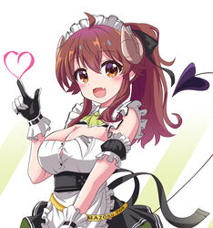  :d ahoge apron arm_cuffs ascot black_gloves black_ribbon black_skirt blush breast_strap breasts brown_eyes brown_hair button_gap chest_strap cleavage commentary_request cosplay curled_horns demon_girl demon_horns demon_tail detached_collar female frills gloves goddess_of_victory:_nikke green_ascot hair_ribbon heart highres horns kohara_konomi large_breasts long_hair looking_at_viewer machikado_mazoku maid maid_apron maid_headdress n88_colpla oerba_yun_fang open_mouth ponytail ribbon skin_fang skirt sleeveless smile soda_(nikke) soda_(nikke)_(cosplay) solo tail two-tone_gloves voice_actor_connection white_apron white_gloves yoshida_yuuko_(machikado_mazoku) 