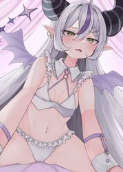  absurdres ahoge bat_wings black_horns bra braid braided_bangs breasts earrings female frilled_panties frills grey_hair heart heart_in_eye highres hololive horns jewelry la+_darknesss lingerie long_hair multicolored_hair navel nemuta_muu oerba_yun_fang panties pointy_ears purple_hair small_breasts streaked_hair striped_horns sweat symbol_in_eye tongue underwear underwear_only virtual_youtuber white_bra white_panties wings yellow_eyes 