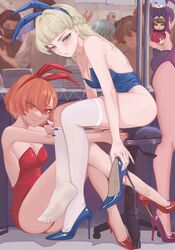  3girls absurdres animal_ears arona_(blue_archive) bare_shoulders blue_archive blue_footwear blue_nails booth_babe breasts character_request commentary_request convention convention_greeting convention_hall fake_animal_ears feet fingernails full_body high_heels highres iroha_(blue_archive) legs leotard long_hair long_legs looking_at_viewer makeup mascara miyu_(blue_archive) mole mole_under_eye multiple_girls neru_(blue_archive) neru_(bunny)_(blue_archive) no_shoes official_alternate_costume pantyhose playboy_bunny pumps purple_footwear rabbit_ears red_footwear red_leotard red_nails shoes soles stiletto_heels strapless strapless_leotard thighhighs toe_cleavage toes toki_(blue_archive) toki_(bunny)_(blue_archive) white_pantyhose white_thighhighs yukiale 