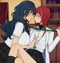  2girls absurdres aoba_tsumugi black_skirt blue_hair ensemble_stars! glasses green_eyes highres jacket lab_coat long_hair long_sleeves lummy_yummy multiple_girls necktie necktie_grab neckwear_grab plaid plaid_skirt red_hair sakasaki_natsume school_uniform shirt short_hair_with_long_locks skirt tongue tongue_out wavy_hair white_hair white_jacket white_shirt yellow_eyes yuri 