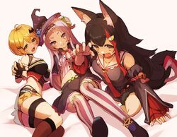  3girls animal_ear_fluff animal_ears arched_bangs bat_hair_ornament black_capelet black_hair blonde_hair breasts brooch capelet cropped_shirt grey_hair hair_bun hair_ornament highres hololive jewelry large_breasts lowleg lowleg_skirt medium_breasts multicolored_hair multiple_girls murasaki_shion murasaki_shion_(1st_costume) oerba_yun_fang ookami_mio ookami_mio_(1st_costume) panty_straps pinstripe_pattern pinstripe_shirt red_hair shirt single_side_bun skin_fang skirt small_breasts star_brooch streaked_hair striped_clothes striped_shirt sue_(bg-bros) tail tilted_headwear virtual_youtuber wolf_ears wolf_girl wolf_tail yozora_mel yozora_mel_(2nd_costume) 