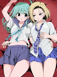  2girls android_18 aqua_eyes aqua_hair black_skirt blonde_hair blue_eyes blue_necktie breasts bulma_briefs dragon_ball kanekiyo_miwa long_hair medium_breasts multiple_girls navel neckerchief necktie open_mouth school_uniform serafuku shirt short_hair skirt stomach striped_necktie white_shirt 