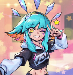  blue_hair crop_top eyeshadow female hair_between_eyes k/da_neeko league_of_legends light_blue_hair long_sleeves looking_at_viewer makeup navel neeko_(league_of_legends) official_alternate_costume official_alternate_hairstyle one_eye_closed phantom_ix_row sidelocks smile solo stomach teamfight_tactics upper_body v yellow_eyes 