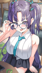  absurdres bespectacled black-framed_eyewear black_skirt blue_archive blue_necktie blurry blurry_background blush breasts collared_shirt depth_of_field female glasses halo highres large_breasts long_hair looking_at_viewer mechanical_halo necktie open_mouth pleated_skirt purple_eyes purple_hair shirt skirt solo sysen two_side_up very_long_hair white_shirt yuuka_(blue_archive) 