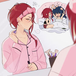  2girls absurdres aoba_tsumugi applying_makeup black_shirt blue_hair blush crop_top ensemble_stars! genderswap_(mtf) hickey highres long_hair lummy_yummy multicolored_hair multiple_girls pajamas pink_pajamas red_hair red_shorts rule_63 sakasaki_natsume shirt shorts spoken_blush tank_top thought_bubble wavy_hair white_hair white_tank_top yuri 