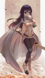  black_hair blue_eyes boots border breasts cape commentary female gloves hair_between_eyes highres holding holding_mask holding_sword holding_weapon izawa_shizue leggings long_hair mask medium_breasts outside_border sheath sheathed solo standing standing_on_one_leg sword sword_on_back tensei_shitara_slime_datta_ken tunguu unworn_mask weapon weapon_on_back white_border white_cape white_footwear white_gloves white_mask wide-eyed 