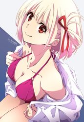  bikini blonde_hair breasts cleavage closed_mouth collarbone commentary_request cropped dated female from_above hair_ribbon highres large_breasts long_sleeves looking_at_viewer lycoris_recoil nii_manabu nishikigi_chisato off_shoulder one_side_up open_clothes open_shirt purple_bikini red_eyes ribbon short_hair signature sitting smile solo string_bikini swimsuit thighs two-tone_background undressing 