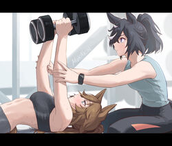  2girls alternate_costume alternate_hairstyle animal_ears artist_name bare_shoulders black_hair black_sports_bra blue_eyes breasts brown_hair closed_mouth commentary_request dumbbell exercising from_side hair_between_eyes highres horse_ears horse_girl horse_tail katsuragi_ace_(umamusume) long_hair lying medium_breasts medium_hair mr._c.b._(umamusume) mukakin multicolored_hair multiple_girls navel on_back ponytail short_sleeves smartwatch sports_bra sportswear streaked_hair sweat tail umamusume watch white_hair wristwatch 