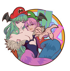  2girls absurdres bat_wings blue_pantyhose breasts cleavage clothing_cutout cosplay demon_girl green_eyes green_hair grin head_on_another&#039;s_shoulder head_wings heart_cutout highres leotard lilith_aensland lipstick long_hair luigi luigi_(cosplay) makeup mario mario_(cosplay) mario_(series) mario_hat morrigan_aensland multiple_girls pantyhose parted_lips pink_hair pink_lips pink_pantyhose pointy_ears purple_lips reaching reaching_towards_viewer red_eyes short_hair smile sukerock360 vampire_(game) wings 