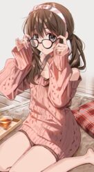  barefoot bow_hairband brown_eyes brown_hair female fujimiya_kotoha glasses hairband highres indoors kukiha long_hair long_sleeves palette_project pink_sweater sitting sleeves_past_wrists solo striped_clothes striped_hairband sweater twintails virtual_youtuber wariza 