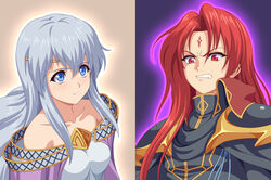  1boy bare_shoulders black_cape black_coat blue_eyes breasts brother_and_sister cape circlet coat dress english_commentary faceoff facial_mark female fire_emblem fire_emblem:_genealogy_of_the_holy_war forehead_mark ibushi_(oath) julia_(fire_emblem) julius_(fire_emblem) long_hair red_eyes red_hair scowl siblings simple_background twins white_hair 