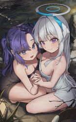  2girls absurdres bare_arms bare_shoulders black_halo black_towel blue_archive blue_eyes blue_hair blurry branch breasts cleavage closed_mouth collarbone depth_of_field from_above hair_intakes halo headgear highres holding_hands interlocked_fingers kongsi large_breasts long_hair looking_at_viewer looking_up lower_teeth_only mechanical_halo medium_breasts multiple_girls naked_towel noa_(blue_archive) open_mouth outdoors parted_bangs plant purple_eyes river smile squatting teeth thighs towel two_side_up white_hair white_halo yuuka_(blue_archive) 