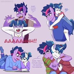  1:1 alternate_universe anthro band-aid band-aid_on_knee band-aid_on_leg bandage blue_eyes blue_hair book braces equid equine female friendship_is_magic ftm_crossgender hair hasbro hi_res horn hug jewelry male mammal missing_tooth mtf_crossgender my_little_pony mythological_creature mythological_equine mythology necklace purple_hair rule_63 shallowwin shining_armor_(mlp) sleeping sound_effects twilight_sparkle_(mlp) twintails unicorn vowelless vowelless_sound_effect zzz 