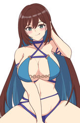  :q arm_strap assault_lily bare_arms bare_shoulders between_legs bikini blue_bikini blue_choker blue_hair blush breasts brown_hair choker cleavage closed_mouth collarbone colored_inner_hair commentary_request cowboy_shot criss-cross_halter female green_eyes hair_between_eyes halterneck hand_between_legs hand_in_own_hair hand_up highres ishizuka_fujino kanden_natsume large_breasts long_hair looking_at_viewer multi-strapped_bikini_bottom multicolored_hair navel official_alternate_costume simple_background sitting smile solo stomach swimsuit tongue tongue_out two-tone_hair very_long_hair white_background 