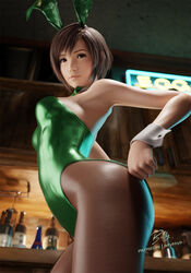  3d animal_ears arched_back armpits artist_name backless_leotard bar_(place) bare_back bare_shoulders billyhhyb blurry blurry_background bottle bow bowtie breasts brown_eyes brown_hair brown_pantyhose commentary detached_collar english_commentary fake_animal_ears female final_fantasy final_fantasy_vii final_fantasy_vii_remake fishnet_pantyhose fishnets from_below green_bow green_bowtie green_leotard hands_on_own_hips highleg highleg_leotard highres leotard lips looking_at_viewer looking_down medium_breasts neon_sign nose pantyhose parted_lips patreon_username playboy_bunny rabbit_ears short_hair signature solo standing strapless strapless_leotard swept_bangs wrist_cuffs yuffie_kisaragi 