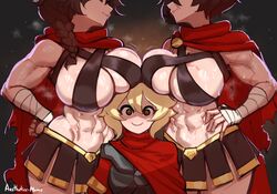  3girls abs aestheticc-meme bandaged_arm bandages blank_eyes blonde_hair borrowed_character braid breast_rest breasts breasts_on_head cape centurii-chan highres large_breasts multiple_girls muscular muscular_female original plume red_cape shaded_face short_hair side_braid skirt smile yuri 