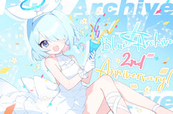  anniversary apple_caramel arona_(blue_archive) blue_archive blue_eyes blue_hair blue_halo blush braid choker commentary dress english_commentary feet_out_of_frame female gloves hair_over_one_eye halo highres korean_commentary open_mouth party_popper short_hair single_braid smile solo white_choker white_dress white_gloves 