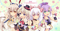  4girls anchor_symbol animal_ears anniversary ayanami_(azur_lane) ayanami_(low-key_idol_@confused)_(azur_lane) azur_lane bare_shoulders blonde_hair bow breasts collared_shirt detached_sleeves english_commentary english_text fake_animal_ears gloves green_eyes hair_between_eyes hat headgear high_ponytail highres idol javelin_(azur_lane) javelin_(energetic_idol_@120_motivation!)_(azur_lane) laffey_(azur_lane) laffey_(bunny_idol_@unmotivated)_(azur_lane) light_brown_hair long_hair long_sleeves looking_at_viewer maya_(tirolpop) medium_breasts medium_hair mini_hat multiple_girls official_alternate_costume open_mouth orange_eyes pink_bow pink_eyes plaid plaid_bow plaid_headwear purple_bow purple_eyes purple_hair shirt sleeveless sleeveless_shirt string_of_flags tilted_headwear twintails upper_body very_long_hair white_gloves white_sleeves yellow_bow z23_(azur_lane) z23_(serious_idol_@acting_manager?!)_(azur_lane) 