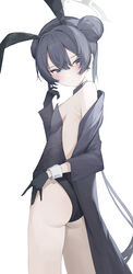  absurdres ahr_tato alternate_costume animal_ears ass bare_shoulders black_gloves black_hair black_leotard blue_archive blue_eyes breasts commentary double_bun fake_animal_ears female gloves grey_halo hair_bun halo highres kisaki_(blue_archive) korean_commentary leotard long_hair looking_at_viewer playboy_bunny rabbit_ears small_breasts solo twintails very_long_hair 