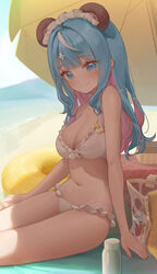  animal_ears bare_arms bare_shoulders beach beach_umbrella bikini blue_eyes blue_hair blush bow breasts cleavage closed_mouth colored_inner_hair commission female frilled_bikini frills hair_ornament hairbow highres indie_virtual_youtuber innertube looking_at_viewer maid_headdress medium_breasts metatarou mole mole_under_eye multicolored_hair multiple_hair_bows navel pink_hair shigma_riu sitting skeb_commission smile solo stomach swim_ring swimsuit umbrella virtual_youtuber white_bikini white_hair 