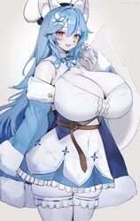  absurd_res alternate_species anthro big_breasts blue_hair breasts canid canine cleavage clothed clothing dress female fur furrification hair hi_res hololive huge_breasts kakuteki11029 kemono mammal solo vtuber white_body white_fur yukihana_lamy 