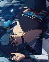  absurdres aoba_tsumugi blue_dress blue_hair breasts cleavage dress ensemble_stars! female genderswap_(mtf) glasses highres in_water long_hair looking_at_viewer looking_up lummy_yummy lying on_back rule_63 smile solo wavy_hair yellow_eyes 