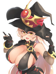  absurdres bare_shoulders blonde_hair breasts cape cleavage female fingerless_gloves gloves hair_between_eyes hat highres large_breasts long_hair looking_at_viewer nijisanji nui_sociere nui_sociere_(1st_costume) open_mouth reirall sleeveless solo very_long_hair virtual_youtuber white_background witch witch_hat yellow_eyes 