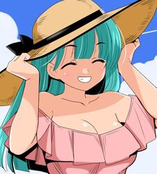  aqua_hair blue_sky breasts bulma_briefs closed_eyes dragon_ball female hair_between_eyes hat kanekiyo_miwa long_hair medium_breasts off-shoulder_shirt off_shoulder pink_shirt shirt sky smile solo teeth 