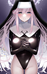  black_headwear black_leotard blue_archive blush breasts female habit hair_bun justina_follower_(blue_archive) large_breasts leotard long_hair looking_at_viewer mika_(blue_archive) nun own_hands_together pink_hair sidelocks solo yellow_eyes yumeneko_nyaa 