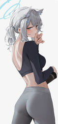  absurdres alternate_costume animal_ear_fluff animal_ears ass black_shirt blue_archive blue_eyes blue_halo blush breasts commentary cowboy_shot cross_hair_ornament extra_ears female from_behind grey_hair grey_pants hair_ornament halo highres holding large_breasts leviathan_(hikinito0902) long_sleeves looking_at_viewer looking_back medium_hair pants parted_lips shiroko_(blue_archive) shirt sideways_glance simple_background solo symbol-only_commentary thumb_to_mouth tight_clothes tight_pants tumbler white_background wolf_ears yoga_pants 