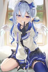  amane_kanata amane_kanata_(work) angel angel_wings asymmetrical_legwear beret blue_hair colored_inner_hair female finger_to_mouth gloves grey_hair grin hair_ornament hair_rings hairclip hat hololive hopepe jacket long_hair looking_at_viewer mismatched_legwear multicolored_hair partially_fingerless_gloves purple_eyes single_thighhigh sitting skirt smile solo thighhighs virtual_youtuber wariza wings zettai_ryouiki 