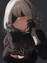  2b_(nier:automata) black_blindfold black_dress black_hairband blindfold blush breasts cleavage cleavage_cutout clothing_cutout commentary_request dio_nand dress female grey_background grey_hair hairband hand_up heavy_breathing highres juliet_sleeves large_breasts long_sleeves nier:automata nier_(series) open_mouth parted_lips puffy_sleeves short_hair simple_background solo sweat upper_body 