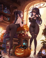  2girls artist_name ass bat_(animal) black_bodysuit black_hair blunt_bangs bodystocking bodysuit boo_tao_(genshin_impact) book bookshelf bracelet breasts bridal_gauntlets cosplay costume_switch covered_navel fire_emblem fire_emblem_awakening full_body genshin_impact ghost green_eyes halloween hat jewelry large_breasts leg_up leotard long_hair looking_at_viewer medium_breasts mitsu_(mitsu_art) mona_(genshin_impact) multiple_girls pantyhose patreon_username pumpkin purple_eyes smile tharja_(fire_emblem) twintails two_side_up very_long_hair witch 