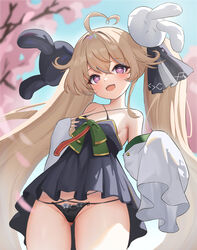  :3 absurdres ahoge ass_visible_through_thighs attilio_regolo_(azur_lane) azur_lane bare_shoulders black_dress black_panties black_ribbon blurry blurry_background bow breasts cameltoe cherry_blossoms commentary cowboy_shot criss-cross_halter detached_sleeves dress female green_bow hair_ornament hair_ribbon halter_dress halterneck head_tilt heart heart-shaped_pupils highres long_hair open_mouth panties pink_eyes rabbit_hair_ornament ribbon sheng_taoren sleeves_past_fingers sleeves_past_wrists small_breasts smile solo string_panties symbol-shaped_pupils thigh_gap twintails underwear very_long_hair 