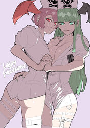  2girls ass bat_wings bob_cut breasts cleavage english_text green_hair hat head_wings highres jinbei lilith_aensland long_hair morrigan_aensland multiple_girls nurse nurse_cap open_clothes panties pink_hair short_hair simple_background thighhighs unbuttoned unbuttoned_shirt underwear vampire vampire_(game) white_panties white_thighhighs wings 