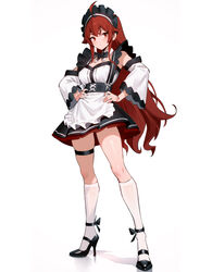  95--- :&lt; absurdres ahoge apron black_footwear breasts closed_mouth detached_collar detached_sleeves eris_greyrat female frilled_apron frills frown full_body hair_flaps hands_on_own_hips high_heels highres kneehighs legs_apart long_hair long_sleeves looking_at_viewer maid_headdress mushoku_tensei petticoat red_hair socks solo standing thigh_strap thighs v-shaped_eyebrows very_long_hair white_apron wide_sleeves 