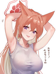  alternate_costume animal_ears arito_arayuru armpits arms_behind_head blue_archive blush breasts brown_hair female hair_between_eyes halo highres large_breasts long_hair open_mouth presenting_armpit purple_eyes red_halo rumi_(blue_archive) shirt simple_background smile solo teeth translated upper_body upper_teeth_only white_background white_shirt 