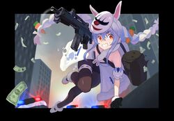  animal_ears assault_rifle bag banknote black_gloves black_leotard black_pantyhose blue_hair braid breasts don-chan_(usada_pekora) dress duffel_bag female fur-trimmed_dress fur-trimmed_gloves fur_trim gloves gun h&amp;k_g36c heckler_&amp;_koch holding holding_gun holding_weapon hololive leotard leotard_under_clothes long_hair looking_at_viewer money multicolored_hair pantyhose rabbit_ears rabbit_girl rifle small_breasts tunguu twin_braids two-tone_hair usada_pekora usada_pekora_(1st_costume) virtual_youtuber weapon white_dress white_hair yellow_eyes 