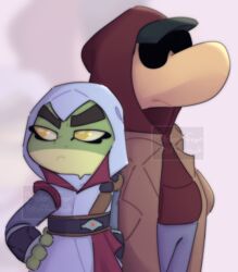  amphibian anthro assassin&#039;s_creed bullfrog_(captain_laserhawk) captain_laserhawk:_a_blood_dragon_remix clothed clothing coffeekrook digital_media_(artwork) distracting_watermark duo eyebrows fingers frog gloves green_body green_skin handwear hi_res hood hood_up male rayman rayman_(series) raypeople_(rayman) simple_background thick_eyebrows ubisoft watermark yellow_eyes 