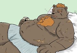  29_da2 anthro barguest_(tas) bear bed beverage_can blush body_hair boxers_(clothing) brown_body brown_fur chest_hair clothing drunk fur furniture hair hi_res lifewonders lying male mammal on_back orange_hair overweight overweight_male scar sleeping solo substance_intoxication tokyo_afterschool_summoners underwear 