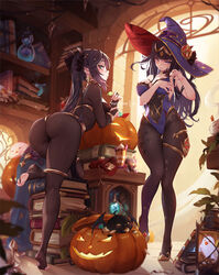  2girls ass bat_(animal) bent_over black_choker black_hair black_nails blunt_bangs bodystocking boo_tao_(genshin_impact) book book_stack bookshelf bracelet breasts candy chocolate_coin choker circlet coin commentary cosplay costume_switch crossover earrings familiar feet fire_emblem fire_emblem_awakening food full_body genshin_impact ghost gold gold_coin green_eyes grin halloween halloween_costume hat high_heels holding holding_coin jack-o&#039;-lantern jewelry large_breasts leaning_on_object leg_up leotard long_hair looking_at_viewer medium_breasts mitsu_(mitsu_art) mona_(genshin_impact) mona_(genshin_impact)_(cosplay) multiple_girls pantyhose parted_lips patreon_username pumpkin purple_eyes shoes skin_tight smile standing star_(symbol) star_earrings stirrup_legwear tharja_(fire_emblem) tharja_(fire_emblem)_(cosplay) thighlet tiara tiptoes toeless_legwear twintails two_side_up unworn_shoes very_long_hair witch witch_hat 