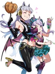  2girls animal_ears black_gloves black_pants blunt_bangs breasts cosplay daitaku_helios_(umamusume) daitaku_helios_(umamusume)_(cosplay) demon_wings elbow_gloves food from_side gloves gold_ship_(umamusume) grey_hair halloween highres holding holding_food holding_spoon horse_ears horse_girl horse_tail koppe_koppe large_breasts leg_up long_hair mejiro_mcqueen_(umamusume) mejiro_palmer_(devil_in_the_moonlight)_(umamusume) mejiro_palmer_(umamusume) mejiro_palmer_(umamusume)_(cosplay) midriff multicolored_hair multiple_girls navel pants parfait pumpkin purple_eyes purple_hair simple_background spoon swept_bangs tail umamusume white_background wings 