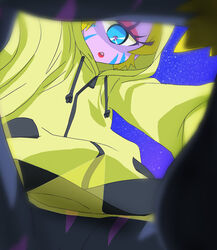  black_pantyhose blue_eyes cameltoe colored_skin cyclops eyewon_(precure) female haruyama_kazunori hood jacket looking_at_viewer one-eyed open_mouth pantyhose precure purple_skin short_hair solo star_(sky) star_twinkle_precure yellow_jacket 