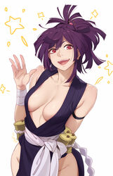  arm_behind_back beads breasts censored cleavage feguimel female hair_beads hair_ornament heart heart_censor highres hip_vent jigokuraku large_breasts long_hair ninjatou open_mouth ponytail purple_hair red_eyes short_sword simple_background smile solo standing star_(symbol) sword teeth waving weapon white_background yuzuriha_(jigokuraku) 